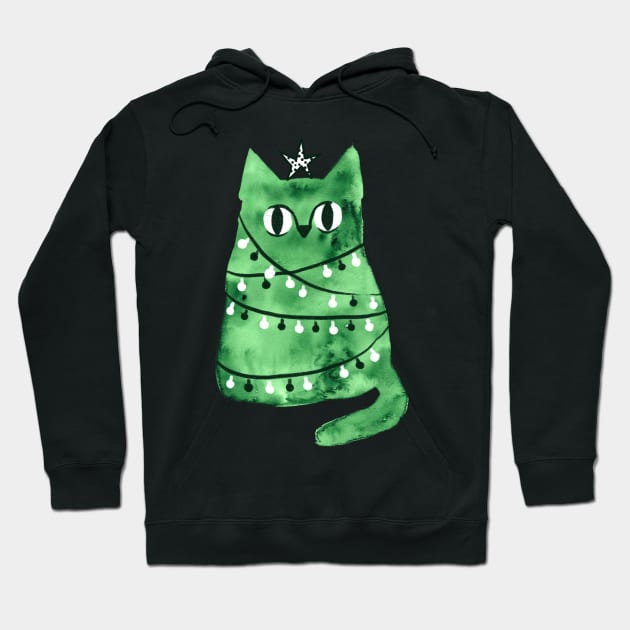 Watercolor green Christmas cat Hoodie by kostolom3000